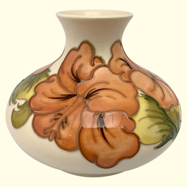 MOORCROFT Coral Hibiscus ivory vase on the 32/5 shape