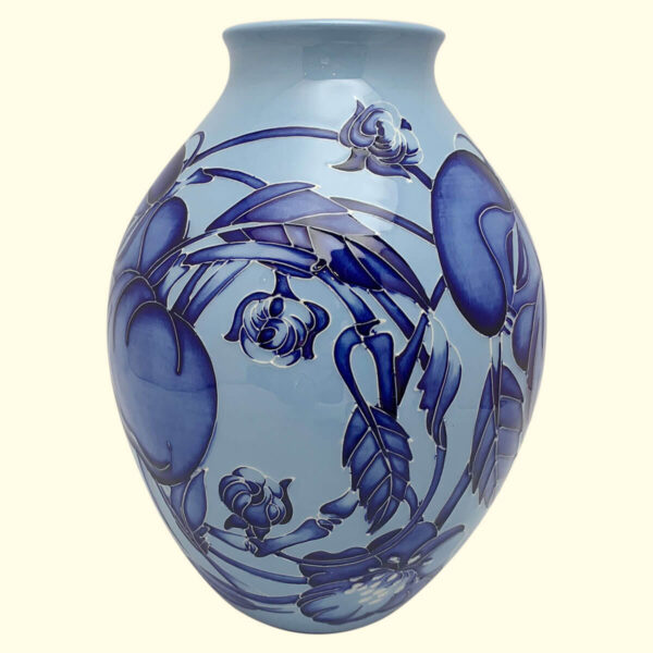 MOORCROFT Dundela Orchard (Blue on Blue) vase on the 3/8 shape